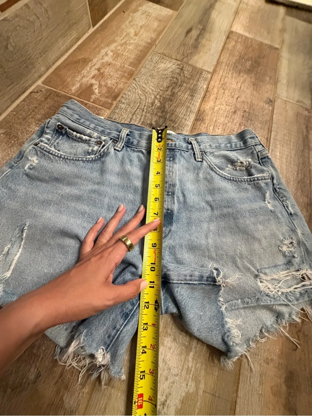Agolde Light Blue Parker Long Distressed Denim Cutoff Shorts Size 31